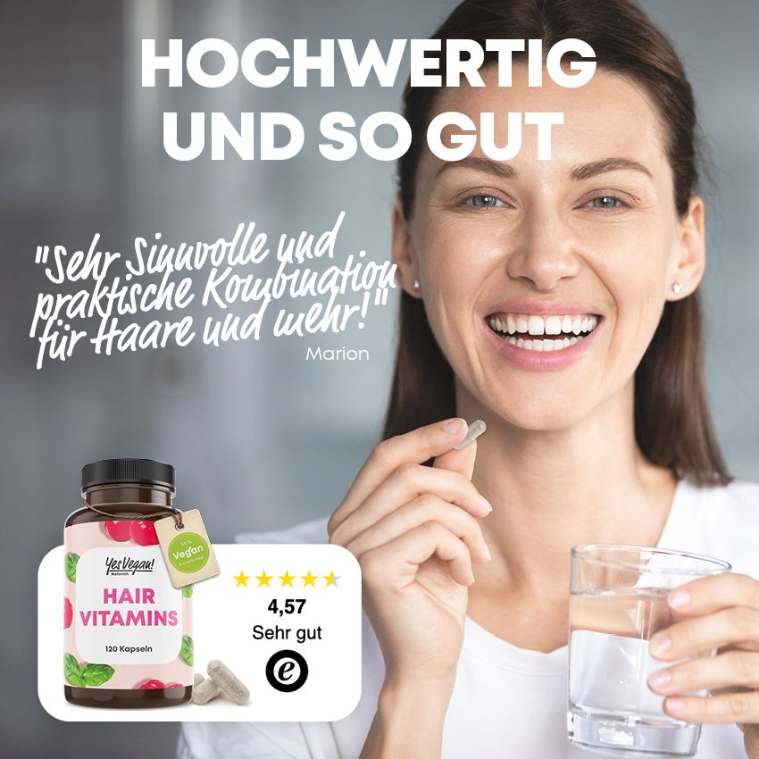 Frau hält Kapsel und Glas Wasser. Flasche Hair Vitamins, 120 Kapseln. Bewertung: 4,57. Vegan-Siegel.