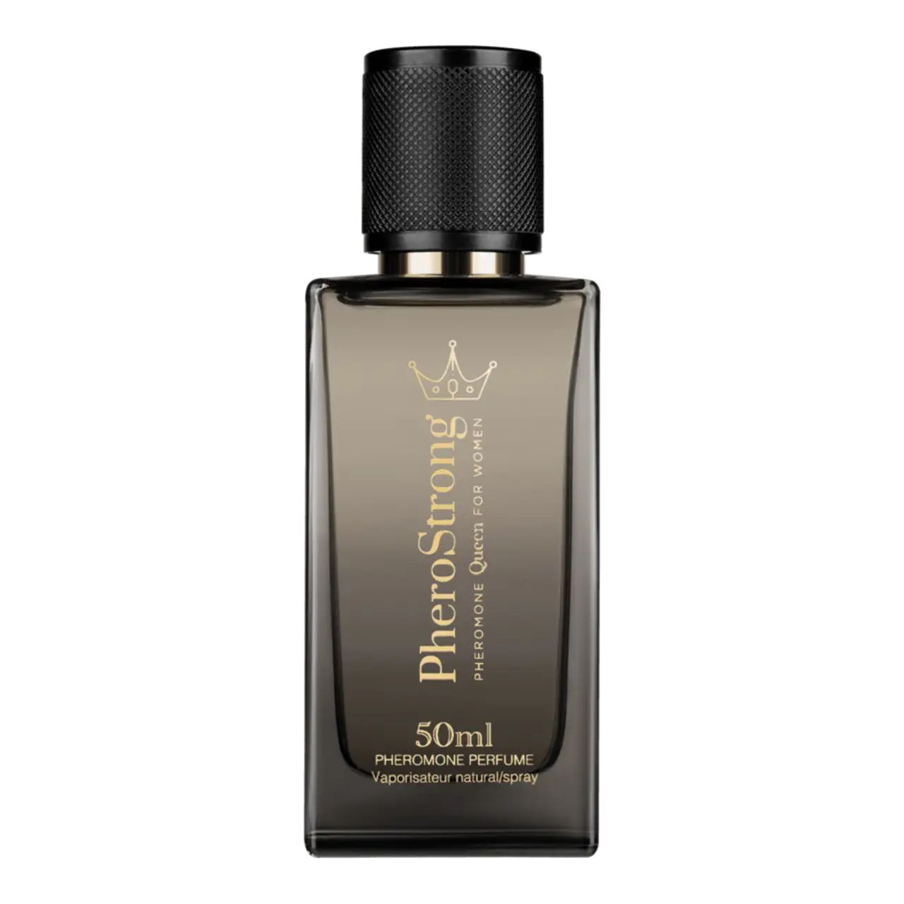 Dunkle Glasflasche mit schwarzem Deckel und goldenem Schriftzug. Das Produkt ist PheroStrong Pheromone Queen für Frauen.