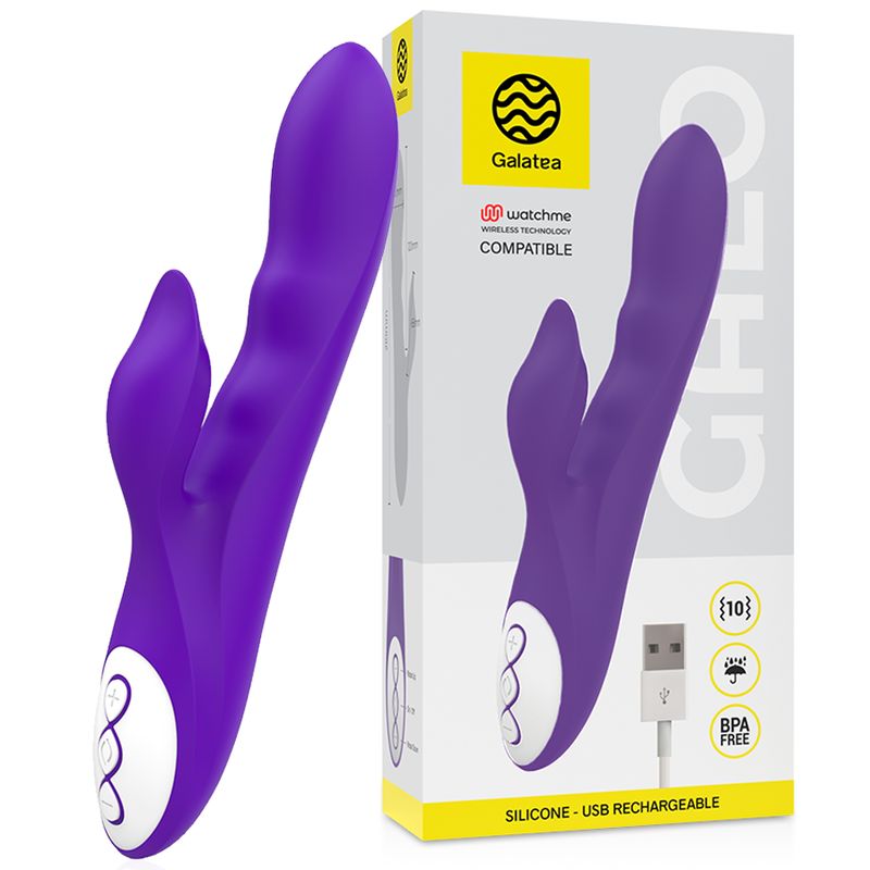Lila Galatea-Vibrator und Verpackung. Aufdrucke: Galatea, Watchme, USB-Ladekabel, BPA-frei, Silikon, wiederaufladbar.