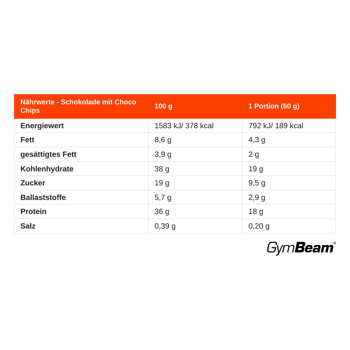 Nährwerttabelle für GymBeam Schokoladen-Mug-Cake-Mix. Zeigt Werte pro 100g und pro Portion (50g).