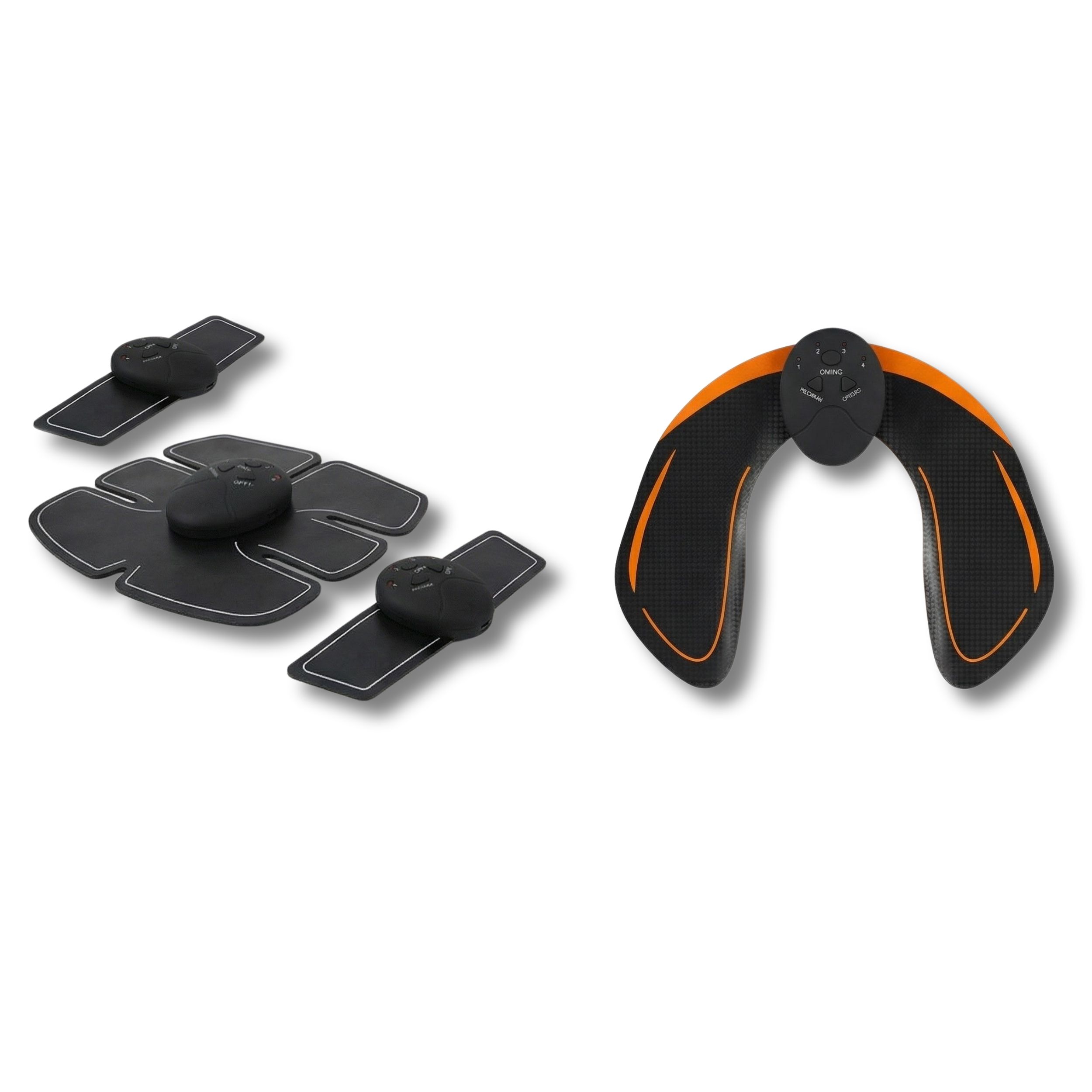 Elektrostimulationspads für Bauch, Arme und Gesäß. Schwarze Pads mit Bedienelementen. Gesäßpad mit orangefarbenen Akzenten.