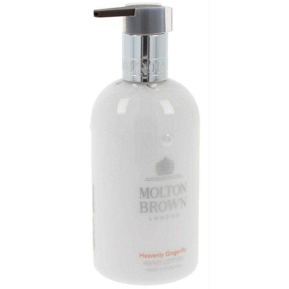 Weiße Handlotion-Flasche mit silbernem Pumpkopf. Aufschrift: Molton Brown London, Heavenly Gingerlily Hand Lotion, Made in England.