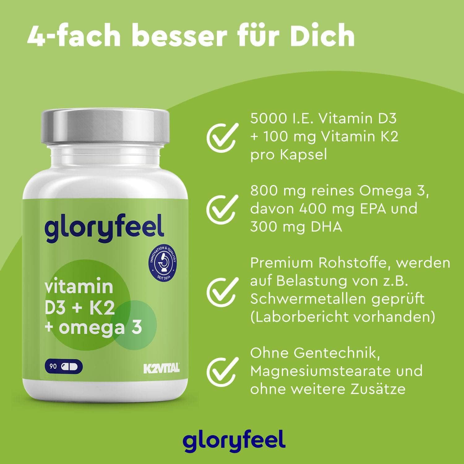 Weißes Pillenglas mit grünem Etikett. Aufschrift: gloryfeel Vitamin D3 + K2 + Omega 3. Text: 5000 I.E. Vitamin D3 + 100 mg Vitamin K2 pro Kapsel.