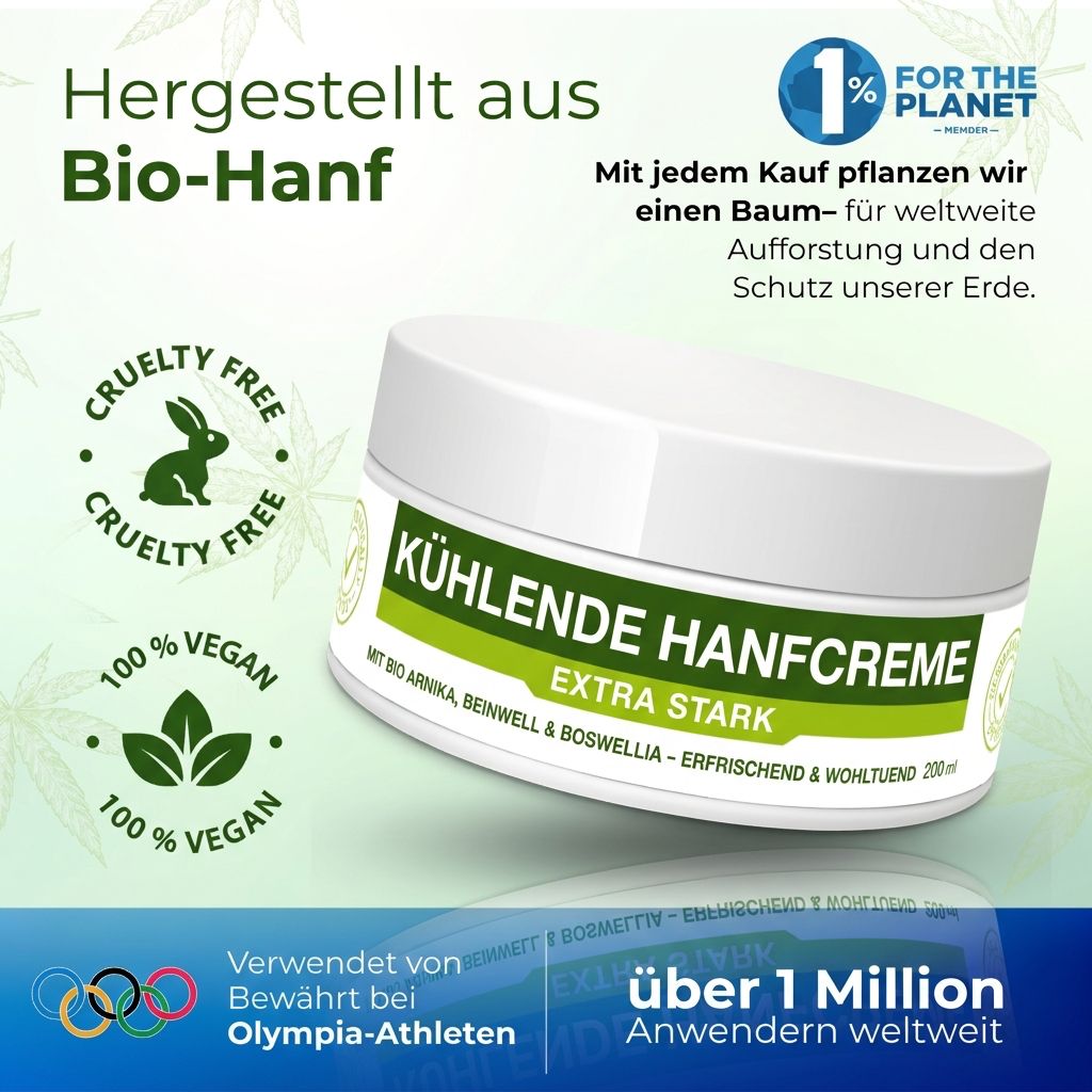 Weißes Tiegel mit grüner Aufschrift: KÜHLENDE HANFCREME. Extra Stark. Logos: Cruelty Free, 100% Vegan, 1% for the Planet. Über 1 Million Anwender.