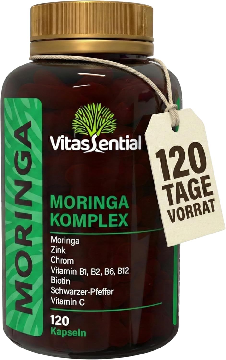 Braune Flasche mit grünem Etikett. Vitassential Moringa Komplex. 120 Kapseln. Anhänger mit Text.