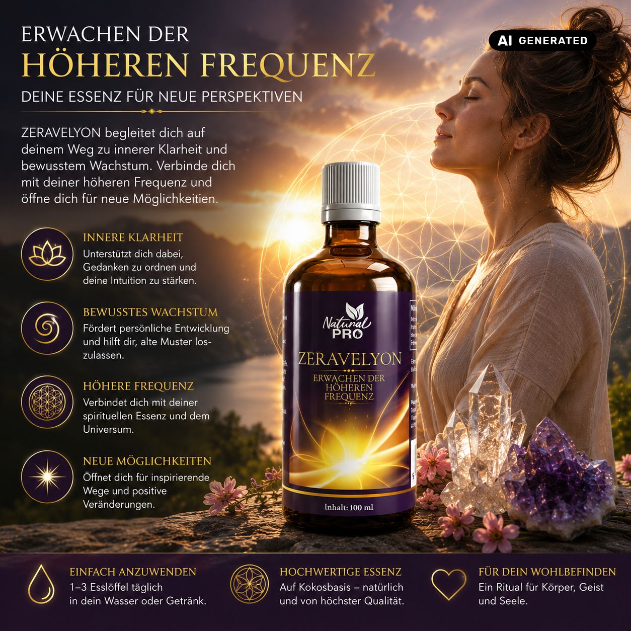 Braune Glasflasche mit weißem Schraubverschluss, gefüllt mit goldener Flüssigkeit. Das Etikett zeigt den Markennamen und eine leuchtende Sonne. Links sind Symbole und Texte.