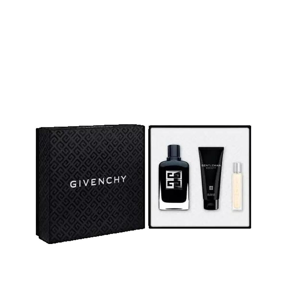 Geschenkset mit Flakon, Duschgel und Zerstäuber. Schwarze Schachtel mit GIVENCHY-Logo. Innen weiß.
