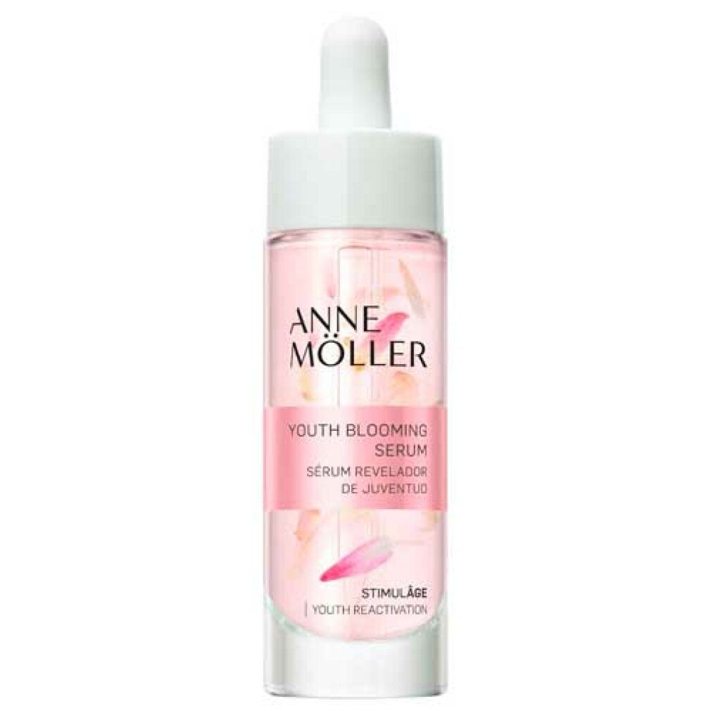 Anne Möller Youth Blooming Serum. Flasche mit Pipette. Rosa Flüssigkeit mit Blütenblättern. Text: Youth Blooming Serum.