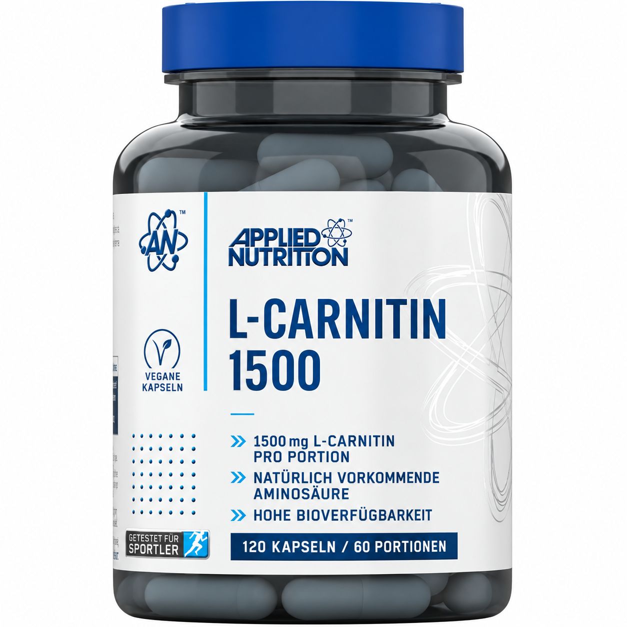 Flasche mit 120 veganen L-Carnitin Kapseln, 1500mg pro Portion.