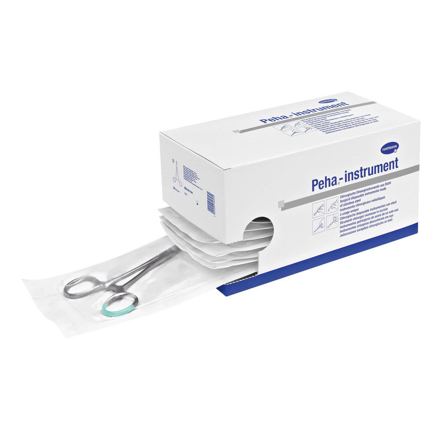 Verbandschere aus Stahl, einzeln verpackt, aus einer Box entnommen. Box mit Aufschrift "Peha-instrument".