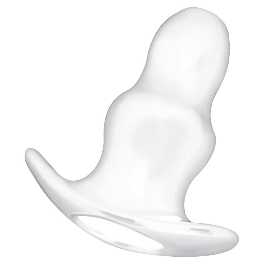 Anal-Dilatator aus TPE. Transparent, geschwungene Form mit Basis und Spitze. Glatte Oberfläche.