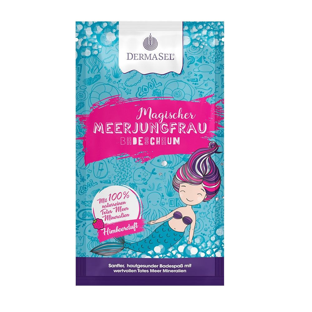 DERMASEL Schaumbad Meerjungfrau. Rosa Verpackung mit Meerjungfrau-Illustration und Text.