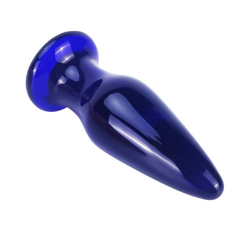 Blauer Glas-Analplug. Kegelförmig mit rundem Kopf und Basis. Glänzende Oberfläche.