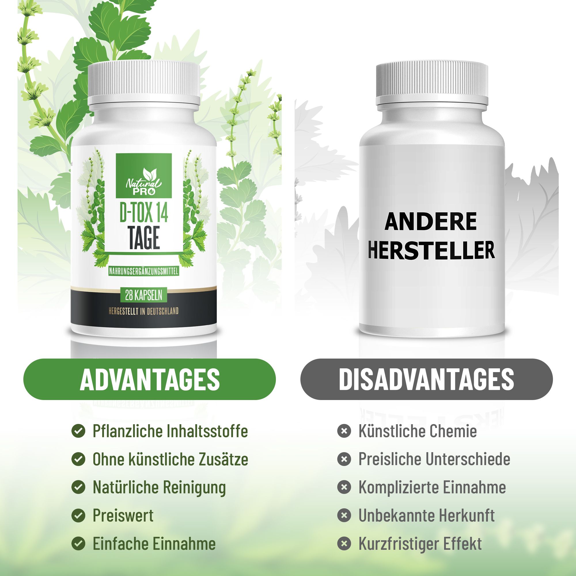 Vergleich: Kapsel-Dose mit grünem Etikett vs. leere Dose. Vorteile: pflanzliche Inhaltsstoffe, ohne Zusätze, natürliche Reinigung. Nachteile: künstliche Chemie, unbekannte Herkunft.