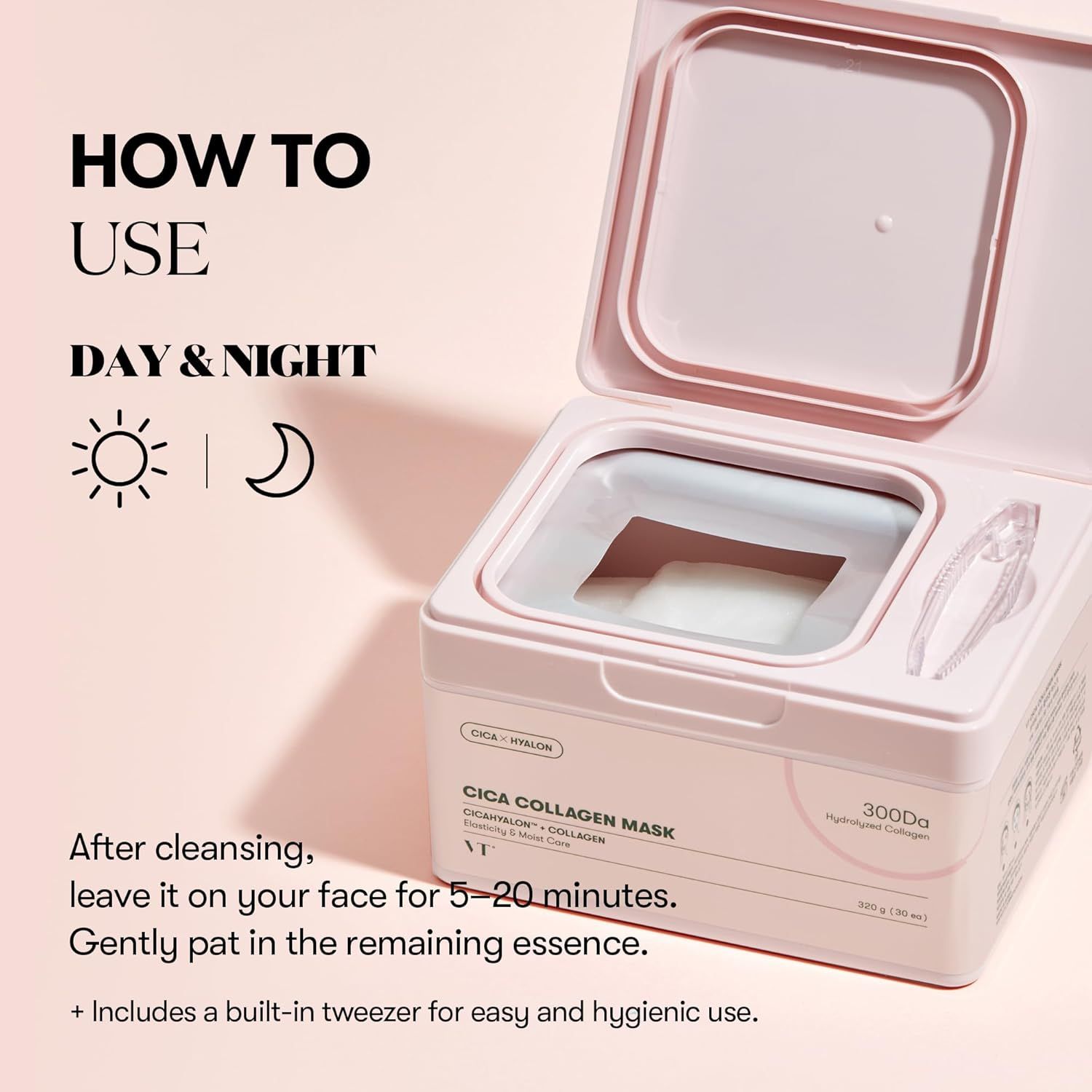 Geöffnete rosa Box mit Masken. Text: Cica Collagen Mask, 300Da. Inklusive Pinzette.