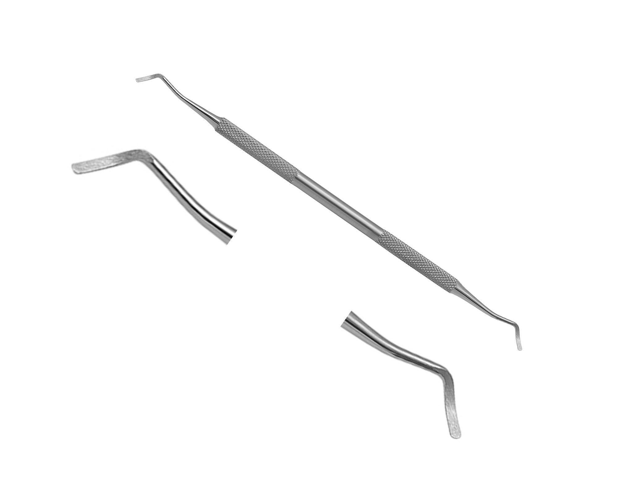 Das Bild zeigt zahnärztliche Instrumente. Ein doppelseitiges Instrument mit gerändeltem Griff und zwei gebogenen Enden. Zwei weitere Instrumente mit gebogenen Enden liegen daneben.