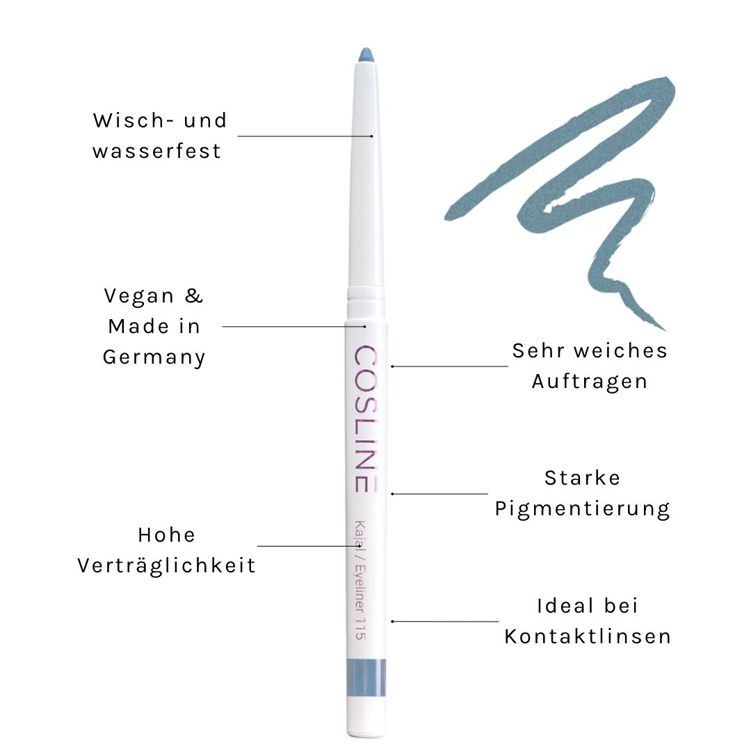 Weißer Kajal-Eyeliner von Cosline. Text: Wisch- und wasserfest, vegan, hohe Verträglichkeit, etc. Farbmuster.