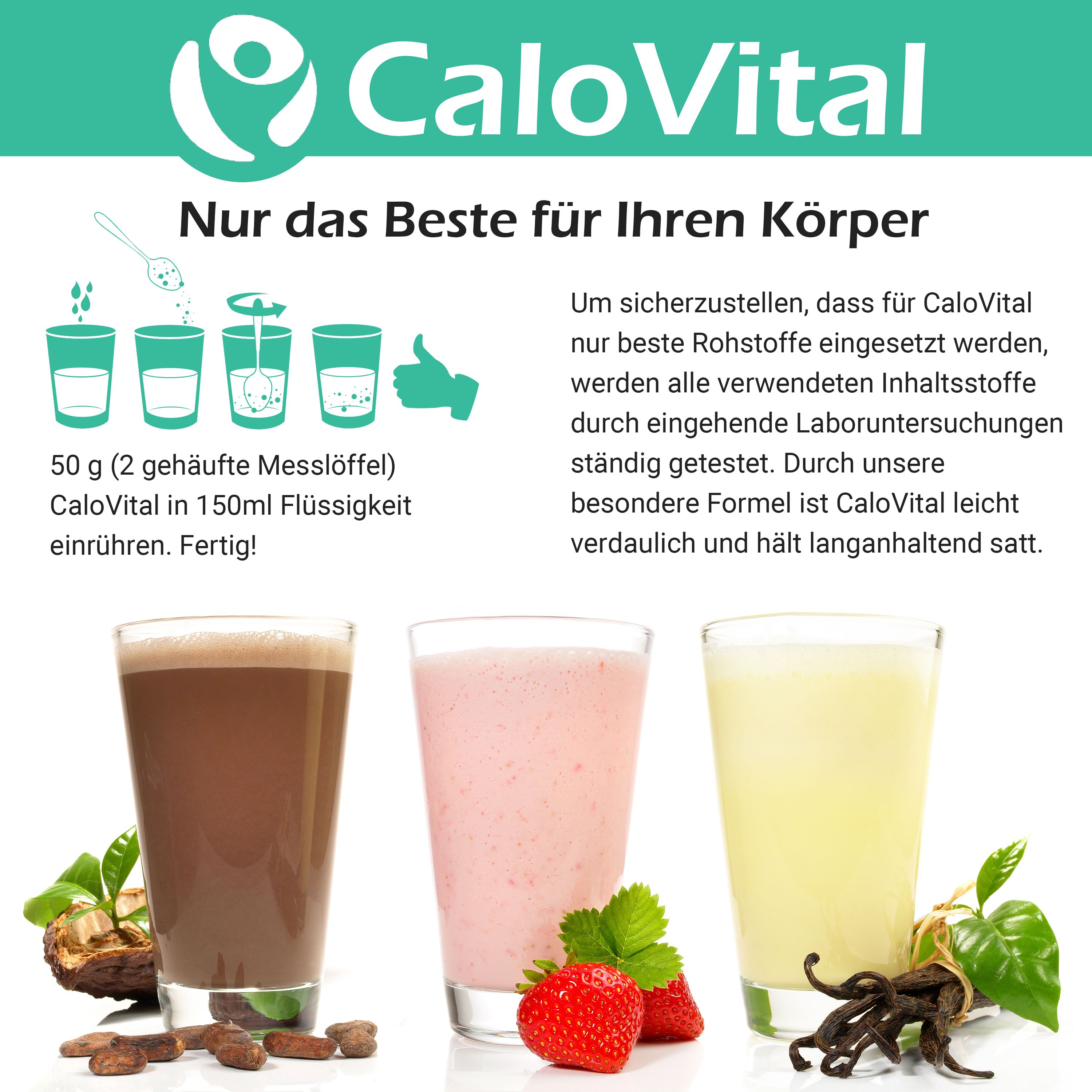 Drei Gläser mit CaloVital-Getränken in verschiedenen Farben. Erdbeeren und Vanilleschoten daneben.