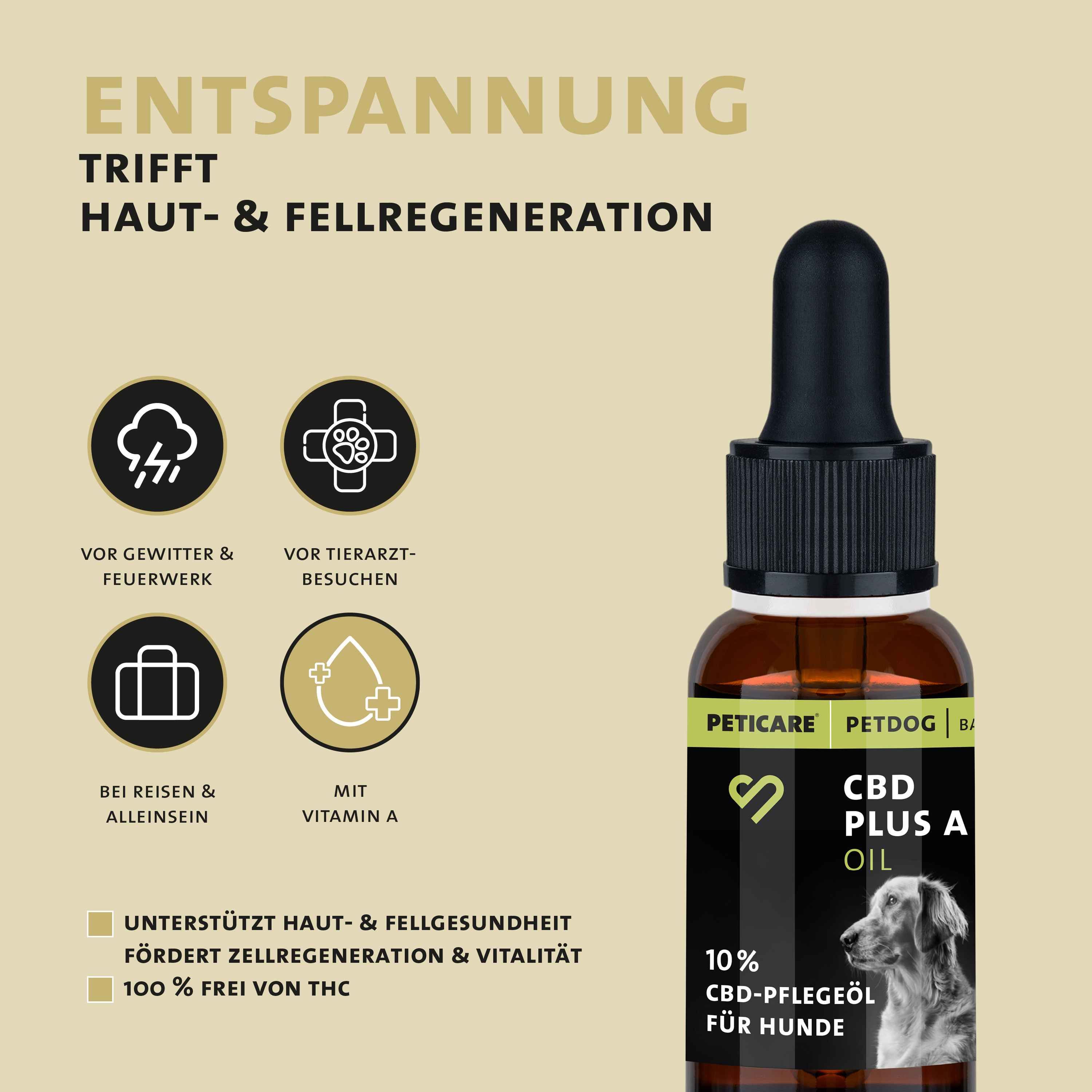 Braune Glasflasche mit Tropfer. Aufschrift: CBD PLUS A OIL, 10% CBD-Pflegeöl für Hunde. Mit Vitamin A. Logos: Gewitter, Tierarzt, Reisen, Vitamin A.
