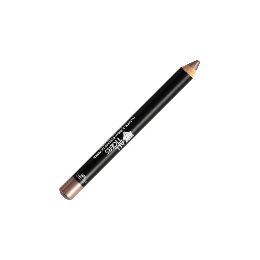 Schwarzer, zylindrischer Stift mit goldfarbener Spitze. Aufschrift: ALL TIGERS, Natural & Vegan Eyeshadow Pencil.
