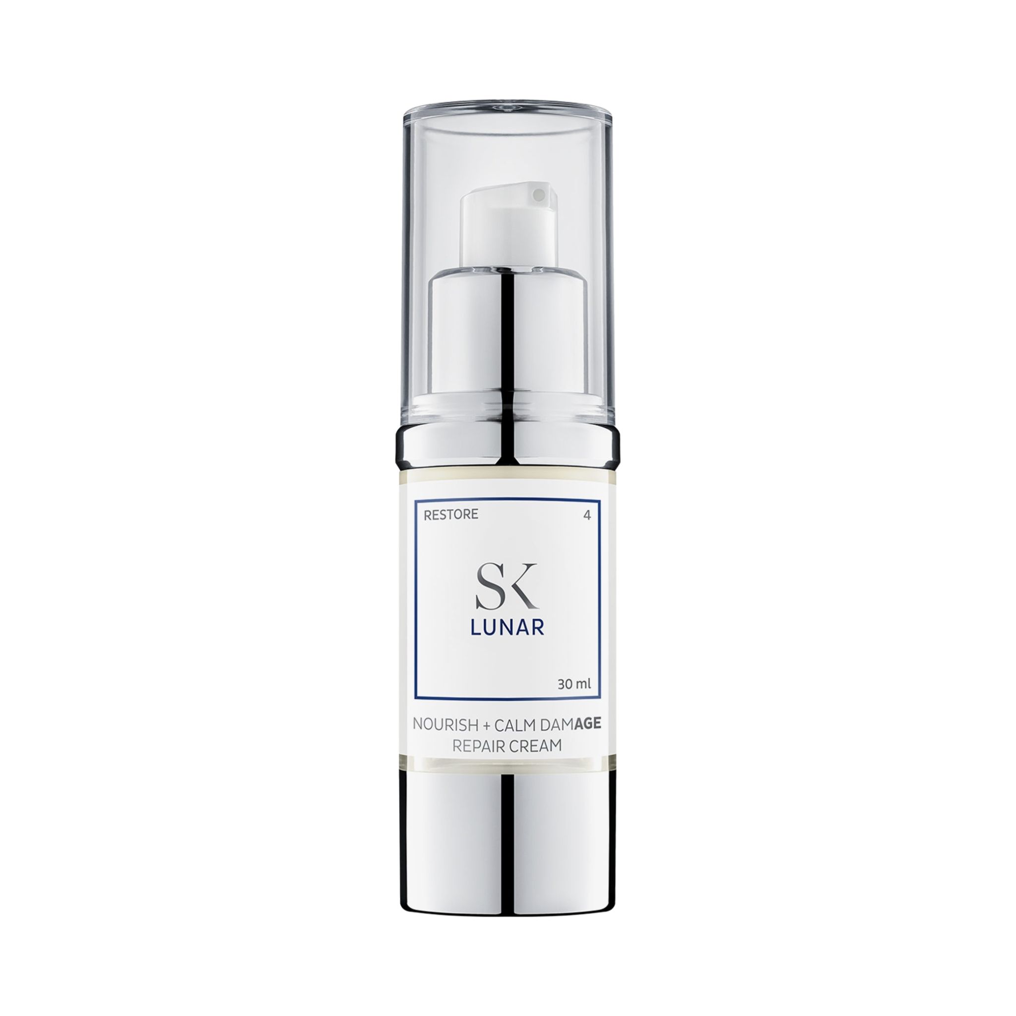 Creme-Spender mit transparentem Deckel. Aufschrift: SK Lunar, 30 ml. Text: Nourish + Calm Damage Repair Cream.
