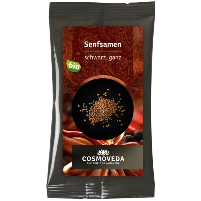 Dunkelgraue Verpackung mit Aufdruck. Oben: Senfsamen schwarz, ganz. In der Mitte: Senfkörner. Unten: Cosmoveda Logo und Bio-Siegel.