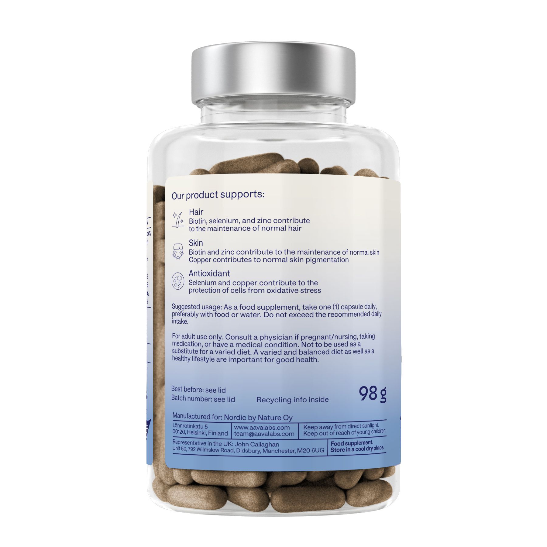Rückseite einer Aavalabs Biotin Komplex Flasche mit Produktvorteilen und Hinweisen.