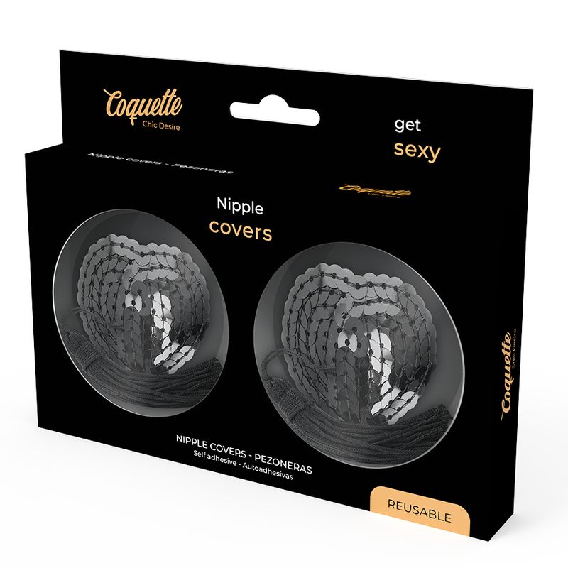Schwarze Verpackung mit zwei herzförmigen Nippel Covern. Produktname und Text 'get sexy'. Wiederverwendbar.