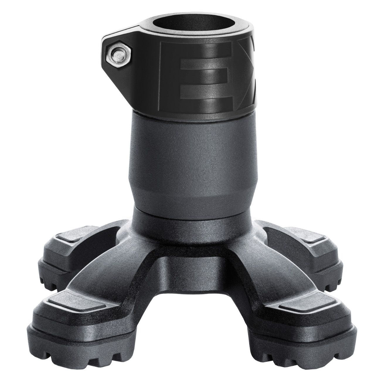 Schwarzer Ossenberg Safety Foot. Vierfuß-Gehstockfuß mit Gelenk und Schraube. Profilierte Lauffläche.