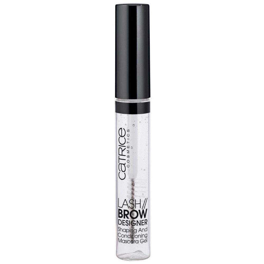 Durchsichtige Mascara-Tube mit schwarzem Deckel. Aufschrift: Catrice, LASH // BROW DESIGNER, Shaping And Conditioning Mascara Gel.