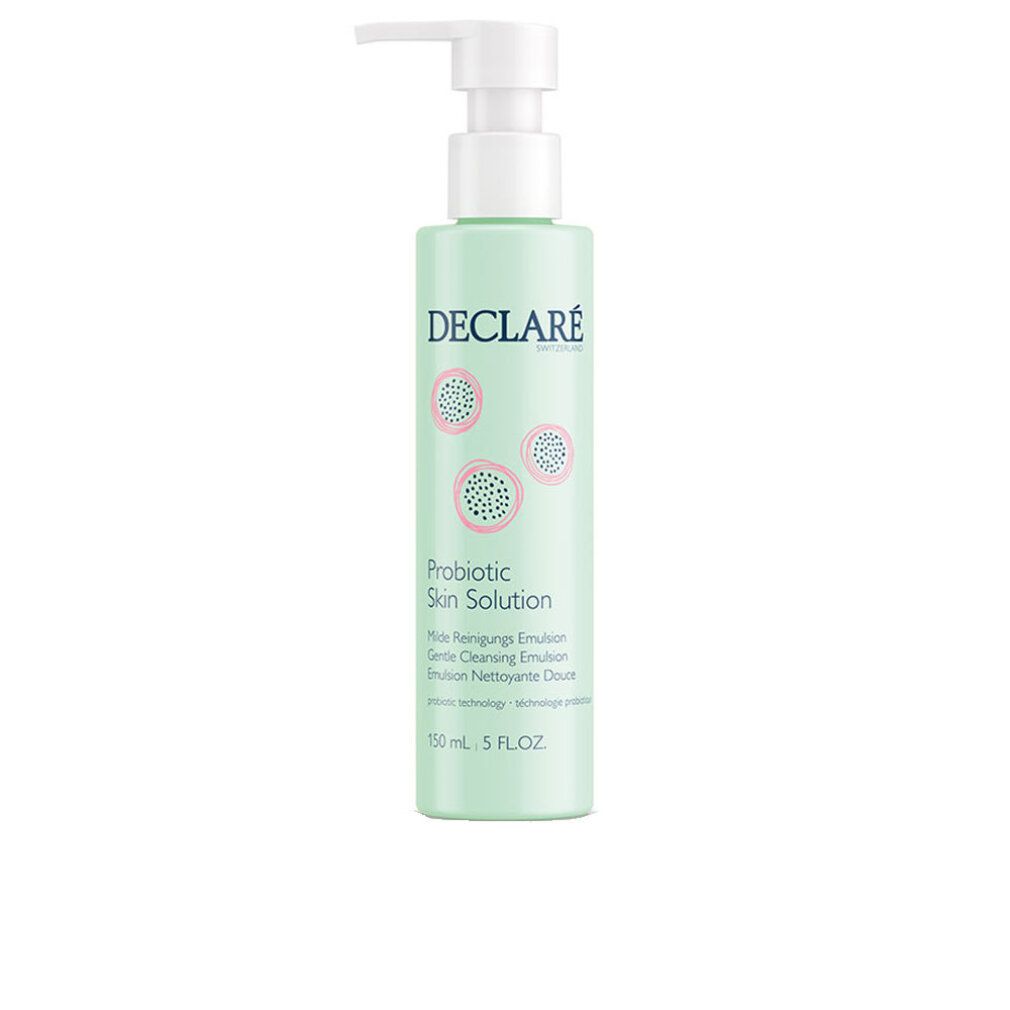 Grüne Flasche mit Pumpe. Aufschrift: DECLARÉ, Probiotic Skin Solution, Milde Reinigungs Emulsion. 150 ml.