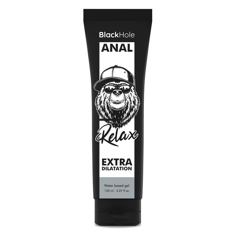 Schwarze Tube mit Gel. Aufschrift: Black Hole ANAL, Relax, Extra Dilatation. Wasserbasiertes Gel. 150ml.