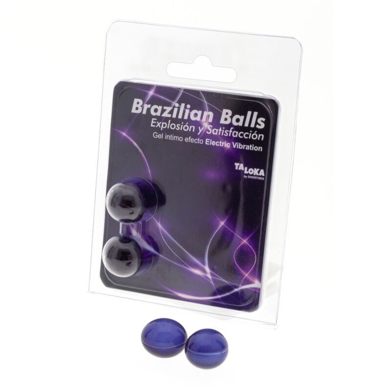 Zwei blaue Kugeln, eine davon in einer Verpackung. Auf der Verpackung steht "Brazilian Balls" und "Taloka".