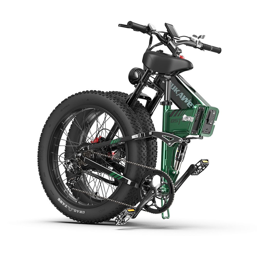 Gefaltetes grünes E-Mountainbike DUKAWEY BTS-6. Schwarze Reifen, Sattel und Lenker. Kompakte Form.