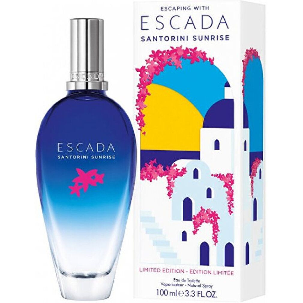 Escada Santorini Sunrise Eau de Toilette Flakon und Verpackung. Flakon blau-weiß, Verpackung mit Landschaftsmotiv und Schriftzug.
