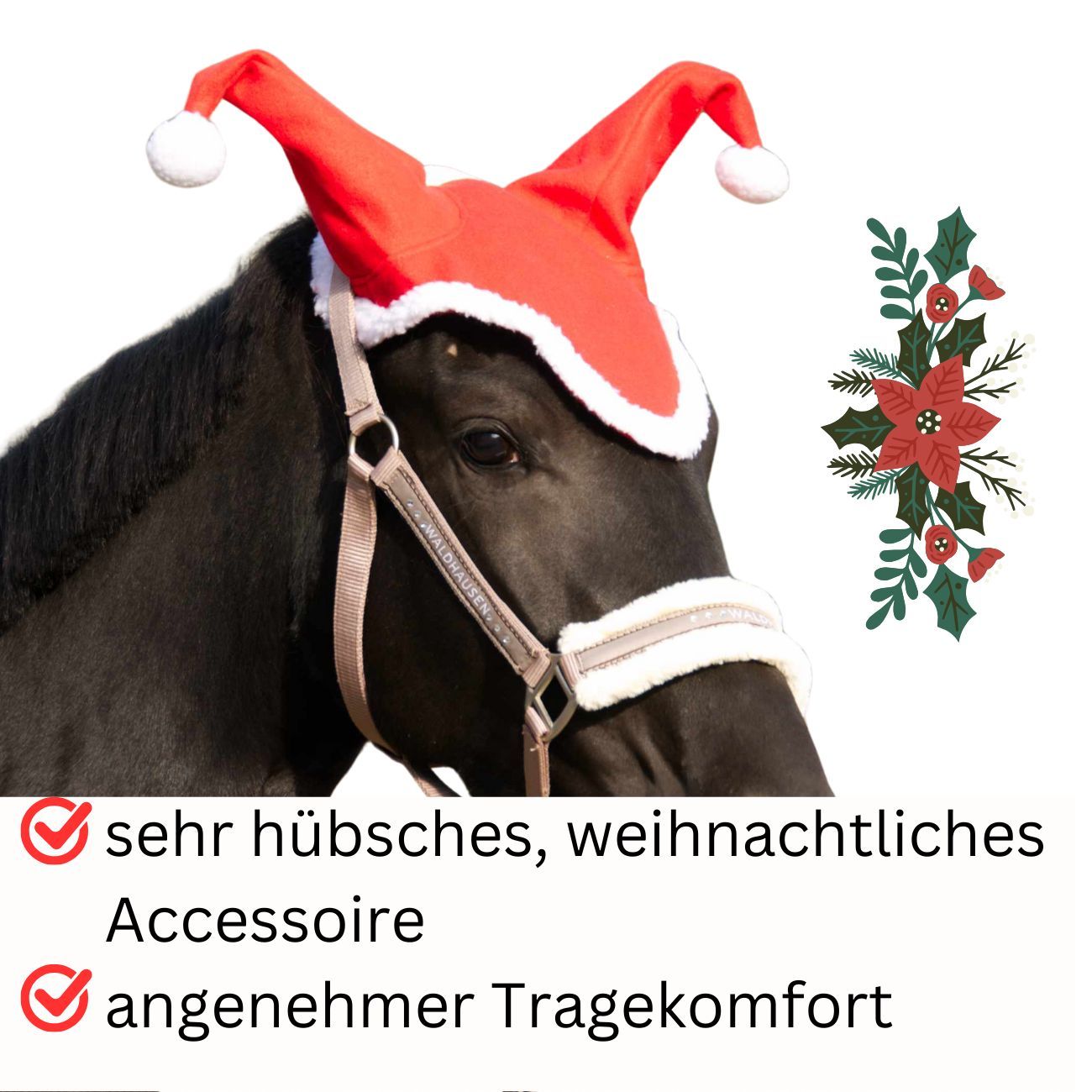 AMKA Pferde Weihnachtsmütze mit Ohren rot-weiß, Weihnachten-Nikolaus Kappe