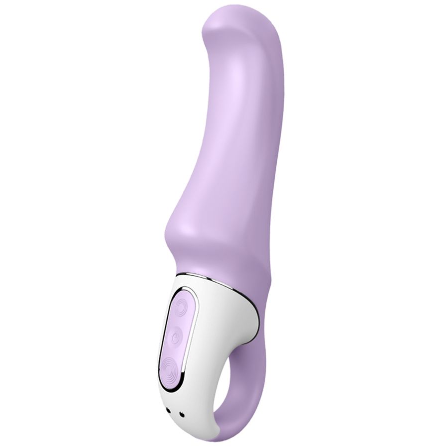 Lila Vibrator mit weißem Ring. Gebogene Form. Drei Knöpfe. Glatte Oberfläche.