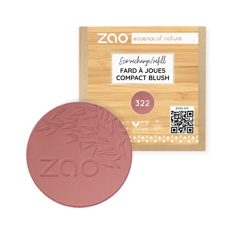 Rosafarbener ZAO MAKE UP REFILL COMPACT BLUSH. Runde Form. Bambus-Verpackung mit Produktinformationen und Logo.