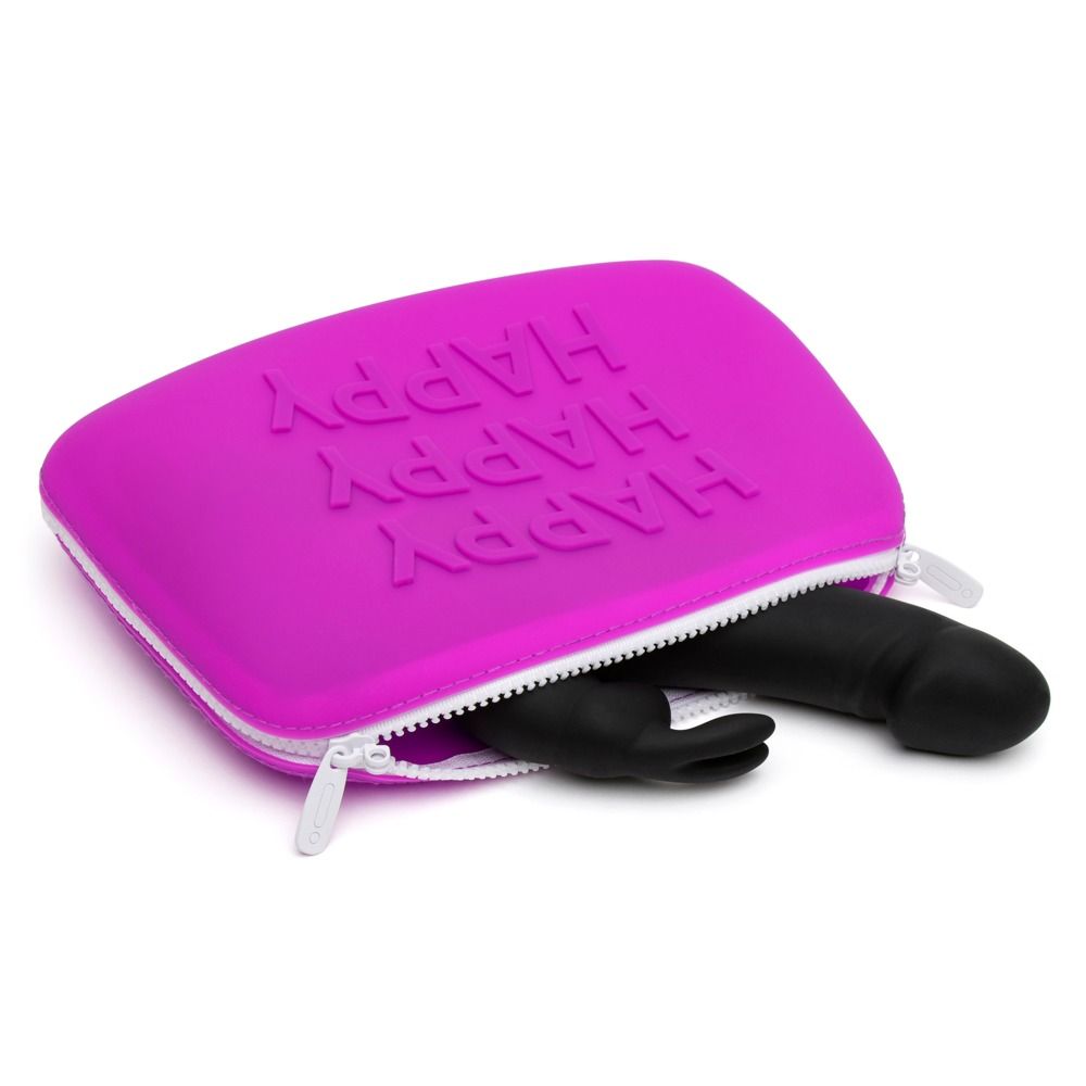 Pinkfarbene Silikon-Aufbewahrungstasche mit Reißverschluss. Aufschrift HAPPY. Enthält ein schwarzes Wellness-Produkt.