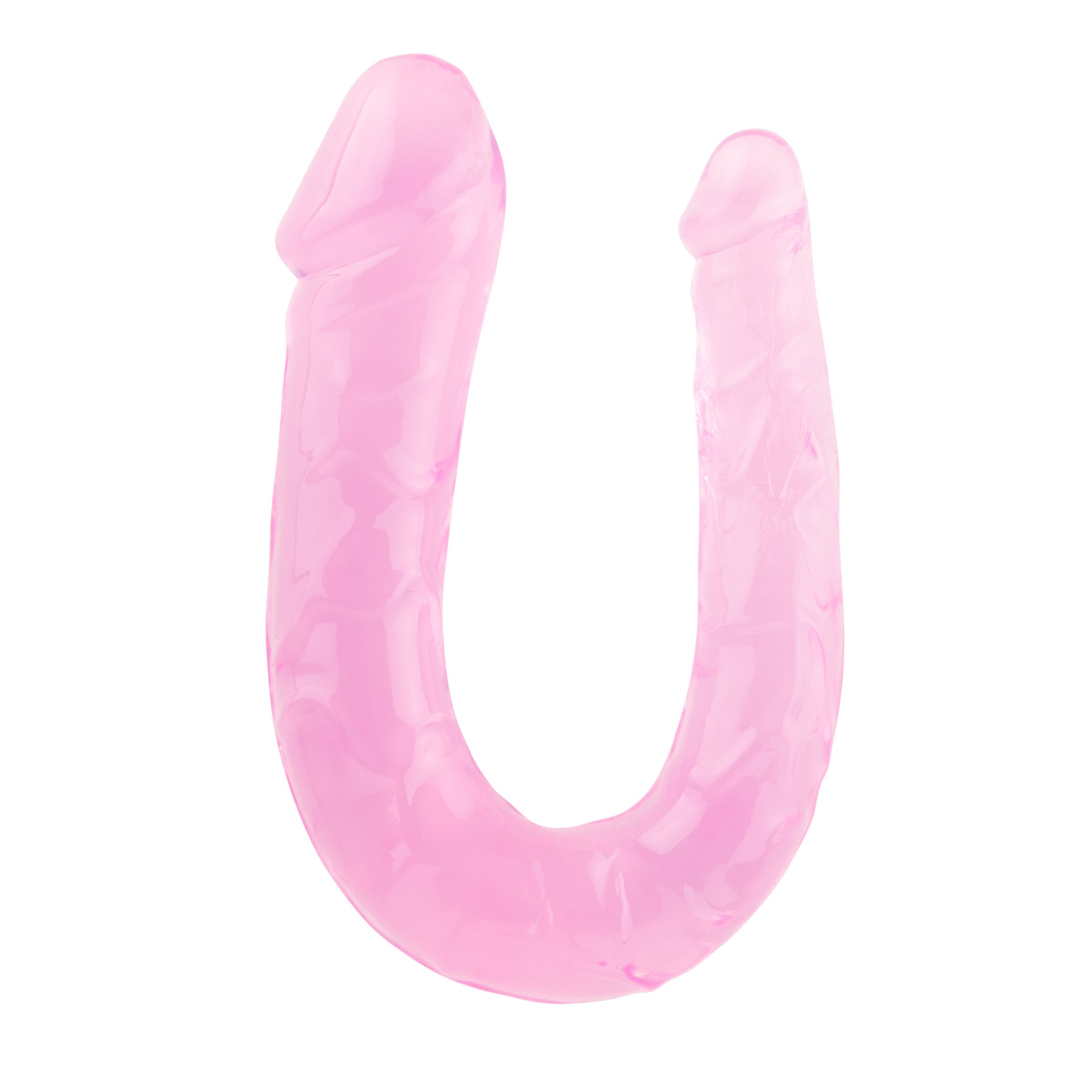 Rosa, U-förmiges Intimprodukt. Zwei Enden mit erhabenen Details. Glatte Oberfläche. Auf weißem Hintergrund.