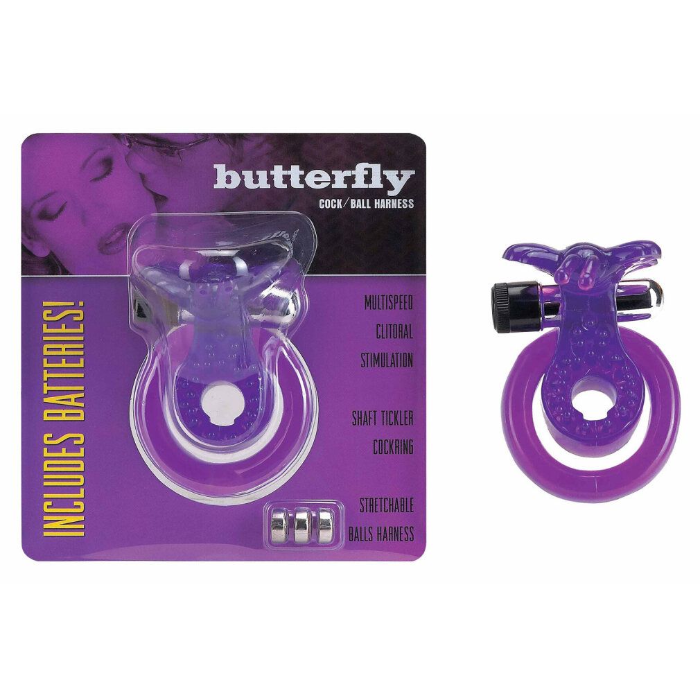 Verpackung mit lila Cock & Ball Ring. Enthält Batterien. Text: butterfly, Cock/Ball Harness, Multispeed, Stimulation.