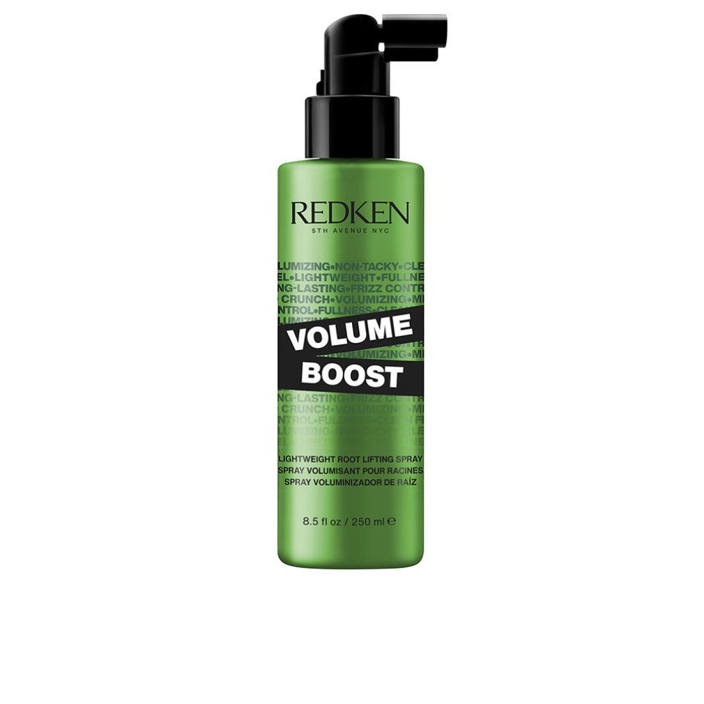Grüne Sprühflasche mit schwarzem Sprühkopf. Aufschrift: Redken, Volume Boost. Text: Lightweight Root Lifting Spray. 8.5 fl oz / 250 ml.