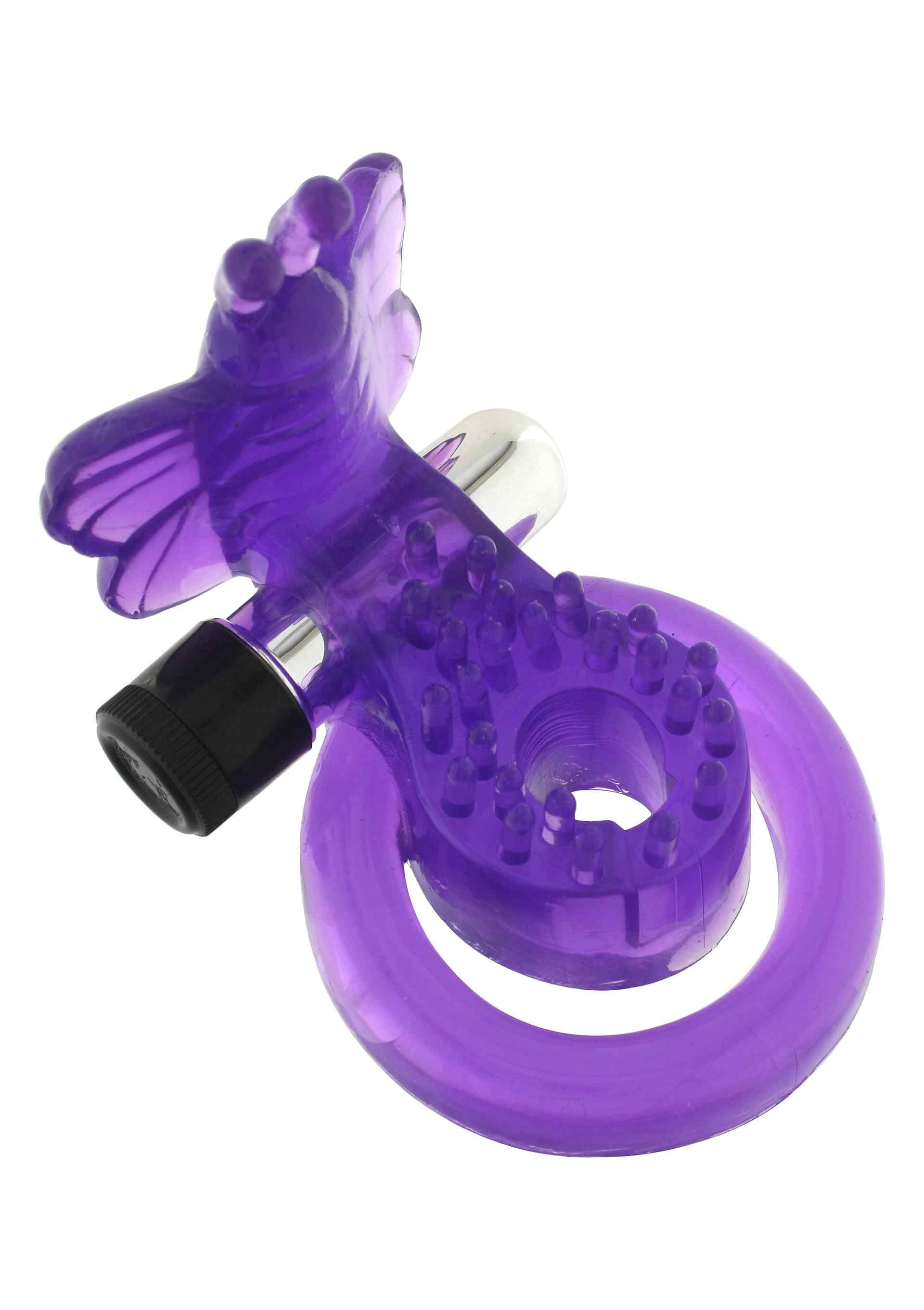 Lila Cock & Ball Ring mit Schmetterlingsdesign und Noppen. Enthält einen schwarzen Vibrator.