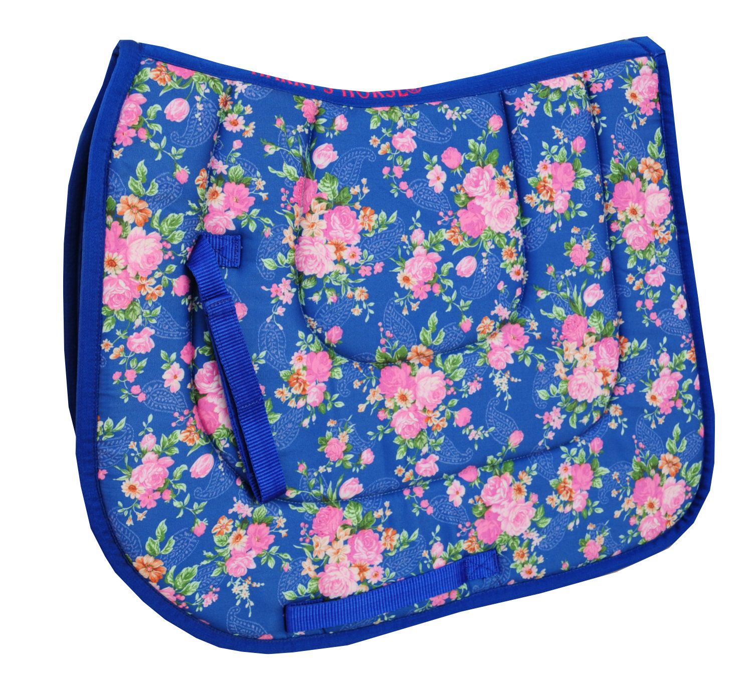 Blaues Schabracke mit Rosenmuster. Blaue Einfassung und Gurtschlaufen. Gepolstert.