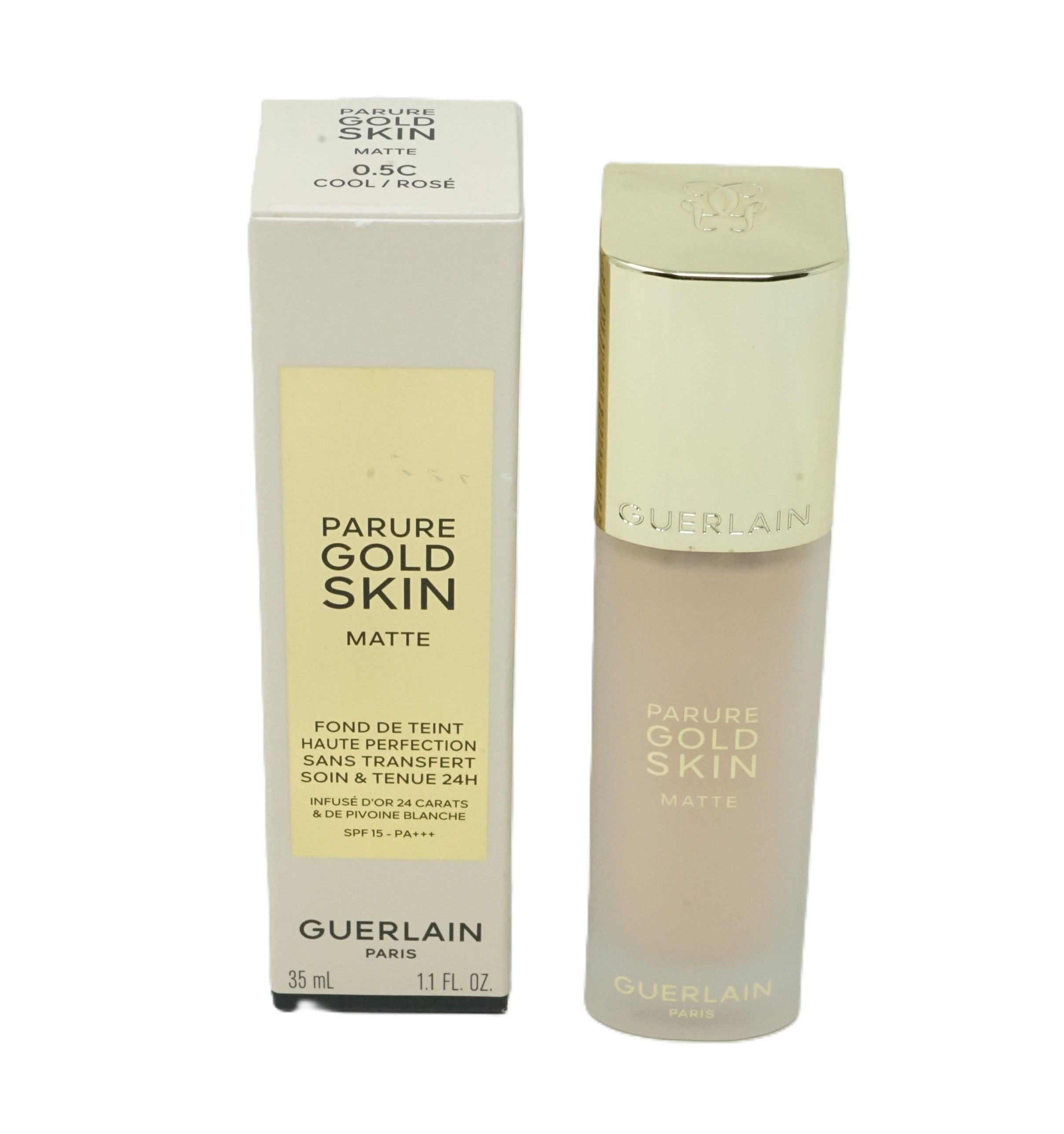Guerlain Parure Gold Skin Matte Foundation mit Verpackung. Flasche mit goldenem Deckel.