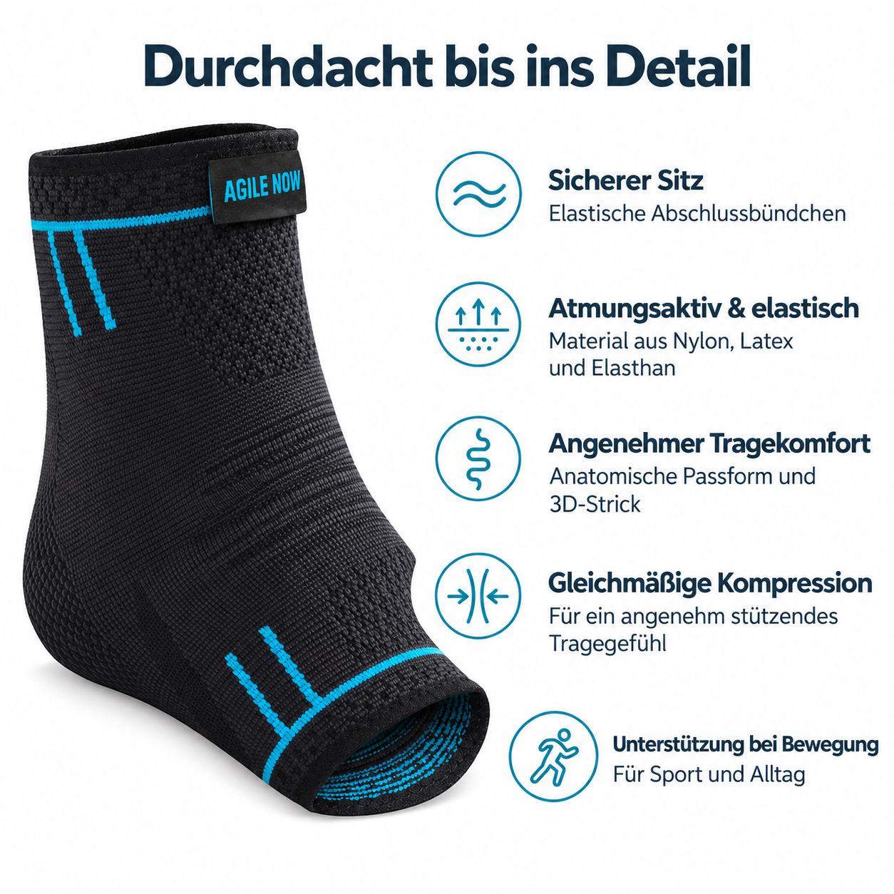 Schwarze Sprunggelenkbandage mit blauen Akzenten, atmungsaktiv und elastisch.