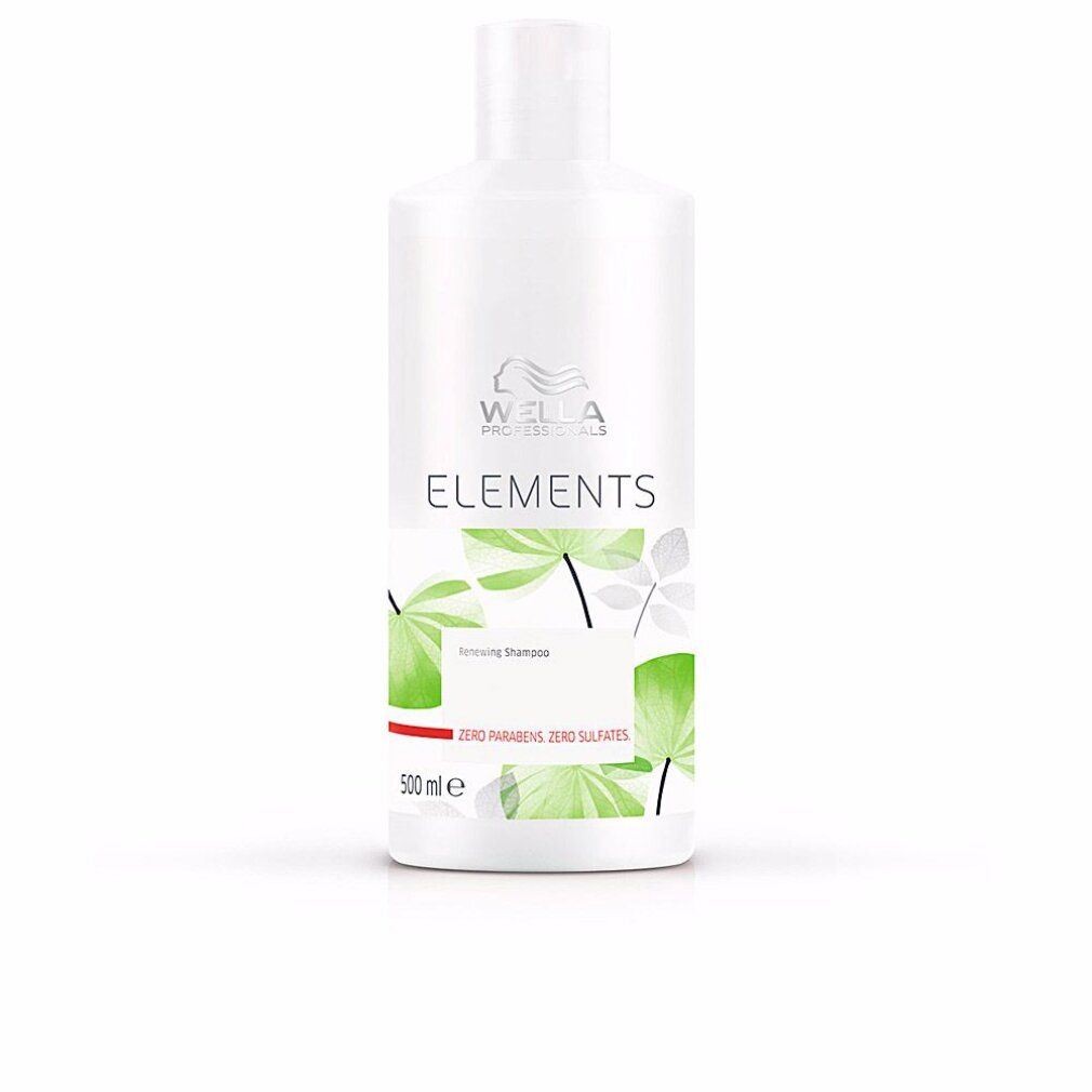 Weiße Shampoo-Flasche mit grünem Blattmuster und rotem Streifen. Schriftzug: Wella Elements, Renewing Shampoo, 500 ml.