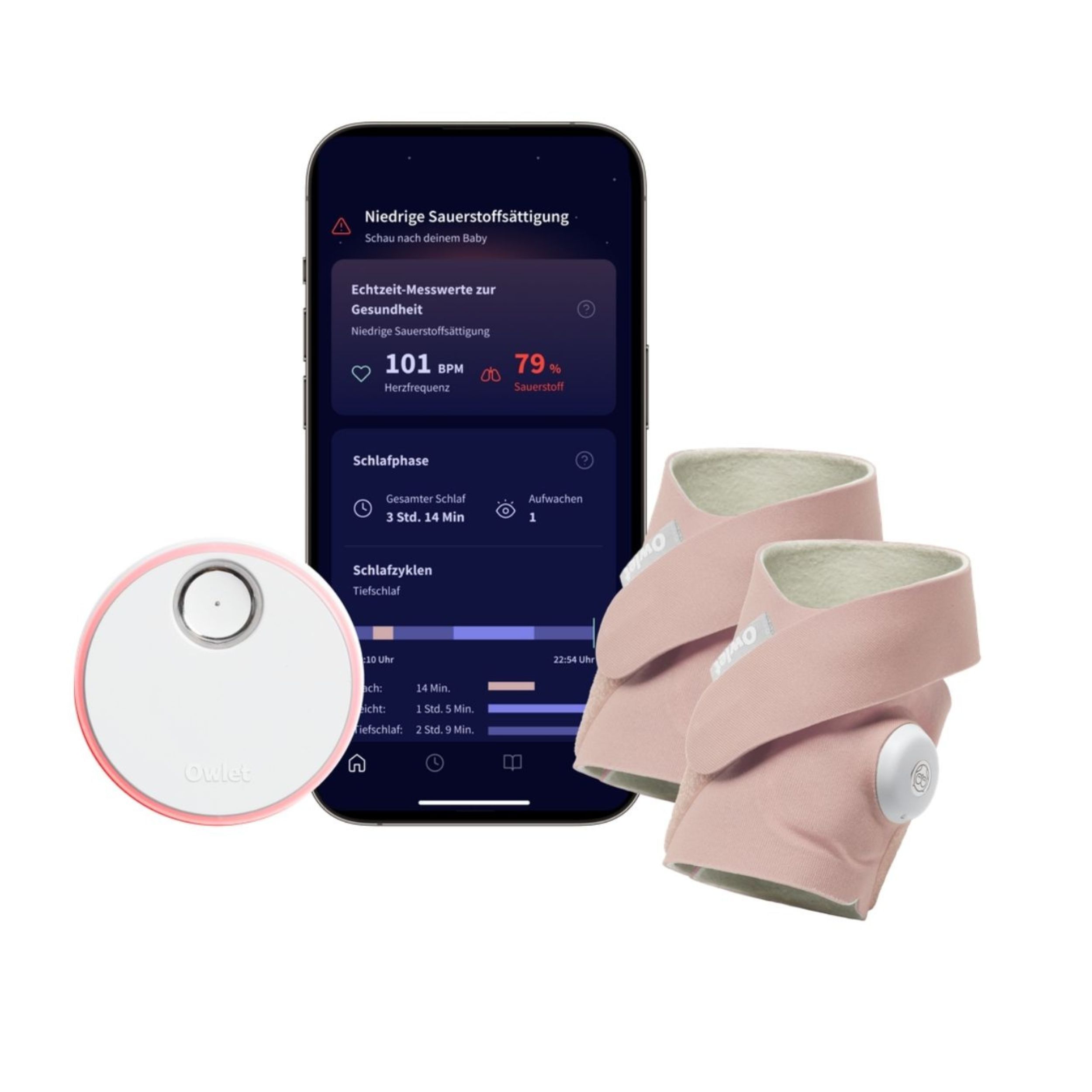 Owlet Dream Sock® mit Ersatzsocke, Sensor und Smartphone-App mit Gesundheitsdaten.