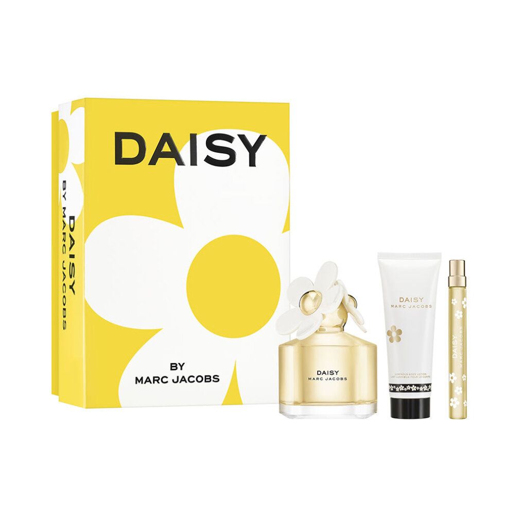 Geschenkset mit gelber Schachtel, Parfümflakon, Miniatur und Tube. Aufschrift "DAISY BY MARC JACOBS".