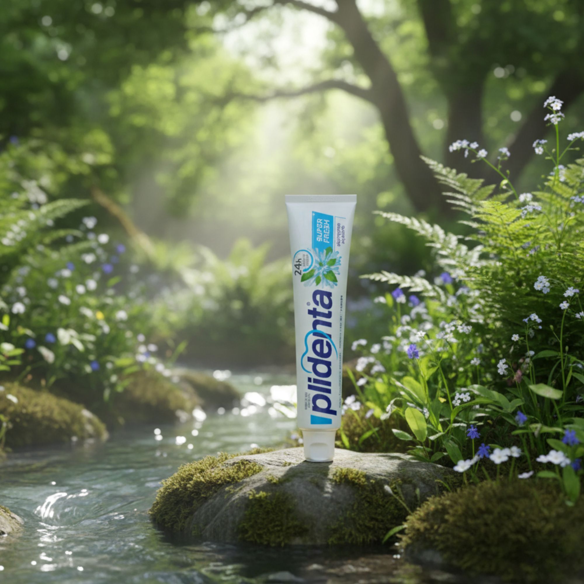 Zahncreme-Tube Plidenta vor Naturkulisse. Aufschrift: Super Fresh, 24h.